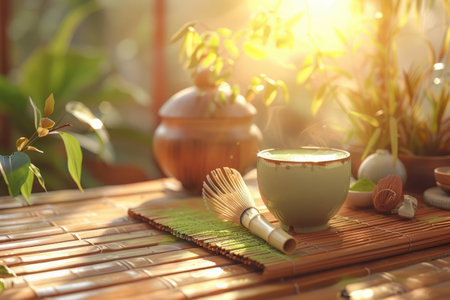 A serene Japanese tea ceremony unfolds in a sunlit garden A traditional tea set rests upon a bamboo mat, while a whisk awaits its purpose The tranquility of the scene captures the essence of Japanese culture, with sunlight filtering through the surrounding greenery AI Generativeの素材