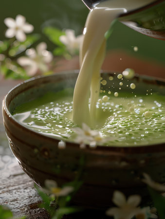 A captivating moment frozen in time: Creamy liquid pours gracefully into a matcha green tea bowl, creating a splash effect that mimics a delicate flower bloom The bowl is surrounded by real or artificial flowers, adding a touch of elegance and serenity The vibrant green of the matcha complements the creamy white, resulting in a visually stunning and artistic composition AI Generativeの素材