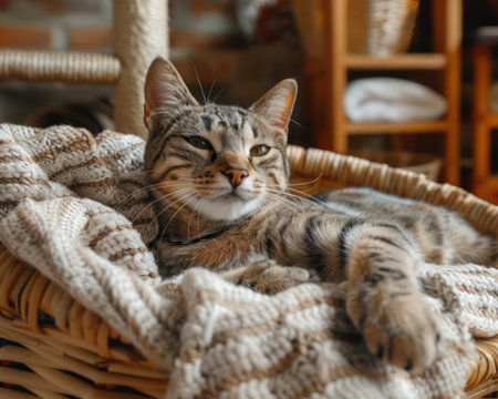 A contented feline finds ultimate relaxation nestled within a woven basket, draped in soft blankets Warmth radiates from the rustic setting, complete with wooden furniture and a brick wall backdrop  The image evokes a sense of cozy domesticity, perfect for capturing the essence of home comfort and feline bliss AI Generativeの素材
