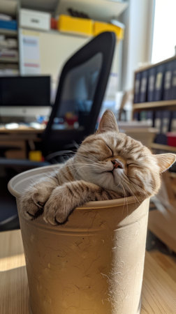 A fluffy feline finds perfect comfort amidst the chaos of an office Snuggled inside a small container, surrounded by office supplies and furniture, this adorable cat sleeps soundly, radiating pure contentment and relaxation A reminder that even in a busy work environment, peace can be found in the smallest of spaces AI Generativeの素材