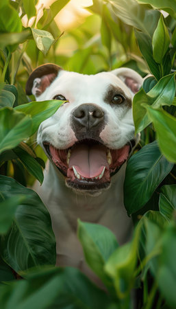 A joyful dog, radiating happiness, peeks playfully through vibrant green leaves in a lush garden The stunning outdoor photograph captures the close bond between pets and humans, celebrating nature's beauty and the simple joys of life The dog's wide smile and playful expression are infectious, reminding us of the pure happiness found in our furry companions AI Generativeの素材