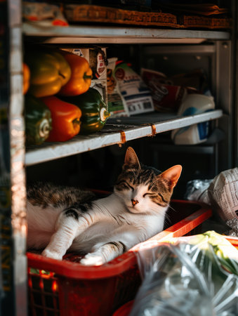 A relaxed feline basks in the warmth of a sun-drenched kitchen, lounging comfortably in a basket amidst a charming clutter of fresh produce and culinary tools Earthy tones create a cozy, candid moment, capturing the unexpected beauty of everyday life AI Generativeの素材