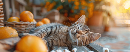 A charming tabby cat basks in the warmth of a sunlit garden, surrounded by a vibrant display of oranges The cat&#39;s relaxed posture and serene surroundings create a tranquil scene, capturing the beauty of nature&#39;s comforting embrace The image evokes feelings of peace, contentment, and the simple joys of life AI Generativeの素材
