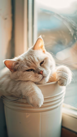 A fluffy, beige cat basks in the warm sunlight streaming through a window, utterly relaxed  He&#39;s nestled in a plant pot, the perfect spot for a cozy nap  Sunlight illuminates his soft fur, creating a picture of pure contentment This adorable feline enjoys a peaceful afternoon, a testament to the simple joys of cat life AI Generativeの素材