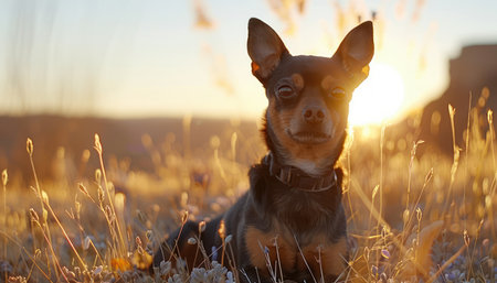 A tiny dog stands silhouetted against a breathtaking sunrise, bathed in golden light  The serene beauty of the field and the majestic morning light combine to create a peaceful and captivating portrait  Capture the magic of dawn and the unbridled joy of a dog in nature AI Generativeの素材