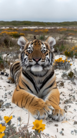 A majestic young tiger rests gracefully in a sun-drenched meadow, vibrant wildflowers carpeting the sandy ground This stunning wildlife photograph captures the predator&#39;s raw beauty and power amidst nature&#39;s splendor A perfect image for nature enthusiasts and animal lovers, showcasing the grace and majesty of this magnificent creature AI Generativeの素材