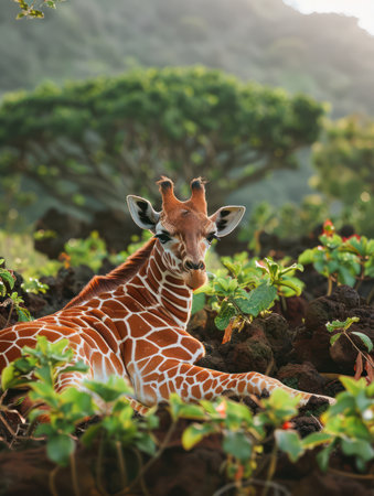 A majestic giraffe finds peaceful respite amidst a serene natural habitat Lush greenery envelops the gentle giant, while rocky outcrops provide a rugged backdrop The distant mountains, bathed in a soft light, add a sense of grandeur to the scene This serene image captures the beauty and tranquility of the African savanna AI Generativeの素材