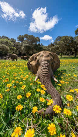 A majestic elephant finds peace amidst a vibrant field of yellow daisies, bathed in the golden glow of a sun-drenched day The azure sky stretches above, while other elephants graze in the distance, their silhouettes framed by the tall trees offering dappled shade Tranquility reigns in this idyllic scene, capturing the essence of a perfect day in the wild AI Generativeの素材