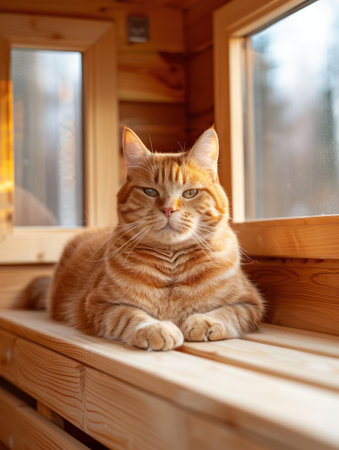 A ginger cat basks in the warm afternoon sun, perfectly relaxed in a cozy wooden cabin Tranquility radiates from the scene, captured in natural light The cat&#39;s serene expression and the peaceful ambiance create a picture of pure contentment, ideal for pet lovers and cat enthusiasts alike AI Generativeの素材