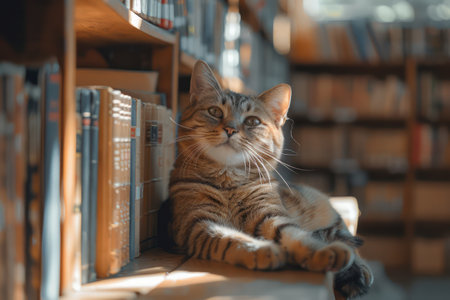 A serene cat basks in the sunlit warmth of a cozy library, perched atop a bookshelf The tranquil ambiance of this reading haven is perfectly captured, as feline companionship meets literary escapades With soft sunlight streaming through the windows, this scene embodies peace and contentment AI Generativeの素材