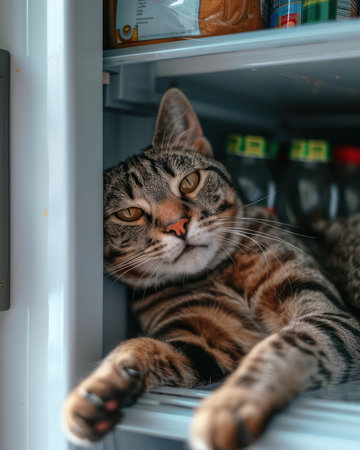 Capture the adorable antics of a curious cat as it explores the unexpected world of a refrigerator These heartwarming photos showcase the playful and charming nature of felines in unusual settings, offering a delightful blend of amusement and tenderness AI Generativeの素材