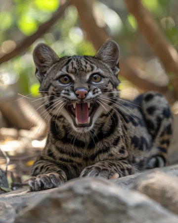 A playful ocelot, teeth bared in a playful snarl, reveals the untamed spirit of the wild  This vibrant feline, amidst pristine natural surroundings, embodies the raw beauty and untamed nature of its wilderness home A captivating glimpse into the unfiltered world of untamed wildlife AI Generativeの素材