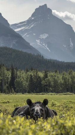 A majestic black bear stands amidst a serene mountain landscape, its dark fur contrasting with the lush green vegetation Snow-capped peaks rise in the distance, adding to the breathtaking beauty of the scene The bear&#39;s calm demeanor and the pristine natural surroundings create a sense of tranquility and wonder AI Generativeの素材