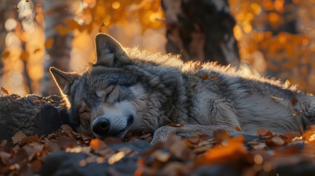 A majestic wolf, bathed in the golden hues of the setting sun, rests peacefully amidst a tapestry of autumn foliage The soft glow illuminates the scene, highlighting the serenity of nature as vibrant brown leaves cascade behind the wolf This captivating image captures the essence of tranquility and the beauty of the changing seasons AI Generativeの素材