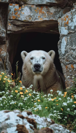 In the tranquil wilderness, a magnificent polar bear emerges from its icy lair, framed by a vibrant tapestry of wildflowers Amidst the rugged natural landscape, the peaceful scene captures the majesty of this majestic creature, its white coat contrasting against the vibrant hues of nature, creating a stunning visual harmony that reflects the pristine beauty of the Arctic AI Generativeの素材