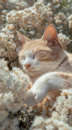 This serene image captures the tranquility of a peaceful garden, where a ginger cat rests amidst a profusion of blooming white flowers The warm sunlight bathes the scene in a golden glow, creating a sense of harmony and balance The cat&#39;s relaxed posture and the delicate petals of the flowers evoke a feeling of serenity and natural beauty, inviting viewers to find a moment of tranquility amidst the hustle and bustle of life AI Generativeの素材