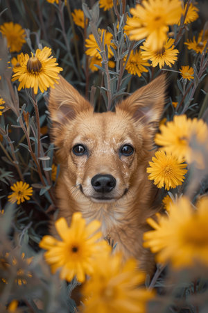 A heartwarming image of a cheerful dog frolicking amidst a vibrant field of yellow wildflowers The playful canine&#39;s tail wags with delight as it bounds through the blossoms, its joyful spirit illuminating the frame The vibrant colors and natural beauty create a charming and serene atmosphere, capturing the essence of a perfect summer day AI Generativeの素材