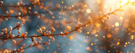 Witness the ethereal beauty of a golden sunrise, captured through delicate, dew-kissed branches adorned with vibrant spring blossoms The gentle sunlight dances off the glistening droplets, casting a warm glow upon the serene landscape As the morning mist rises, the scene evokes a sense of tranquility and peace, inviting you to embrace the wonder of nature's awakening AI Generativeの素材