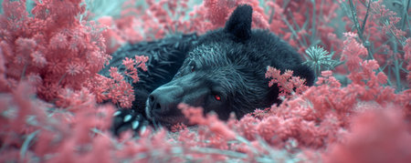 A majestic black bear rests serenely amidst vibrant pink foliage, captured in an ethereal infrared photograph The otherworldly glow of the leaves creates an enigmatic and mystical forest setting, evoking a sense of wonder and awe The bear&#39;s tranquil presence amidst the surreal surroundings adds to the dreamlike atmosphere, captivating the viewer with its enigmatic charm AI Generativeの素材