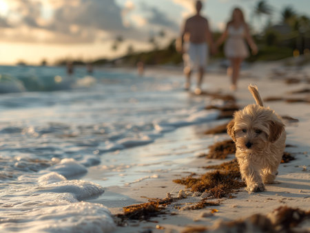 A playful puppy bounds across the sun-kissed beach, its tail wagging with unbridled joy As a couple strolls along the shoreline, their silhouettes cast against the vibrant hues of the sunset, the puppy&#39;s antics provide a moment of lightheartedness and remind us of the pure, unconditional love that exists between pets and their human companions The scene captures the essence of tranquility and the carefree spirit of summer, creating a charming and heartwarming image AI Generativeの素材