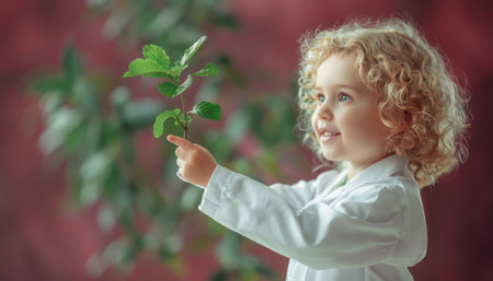 Capture the innocence and curiosity of a child exploring nature A young, white-shirted child gently touches a vibrant green plant in a garden, symbolizing their connection to the environment The child&#39;s fascination with plants and the natural world sparks a sense of wonder and a desire to nurture AI Generativeの素材