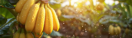 Witness the lush tapestry of a thriving banana plantation at sunrise As golden rays pierce through the canopy, dewdrops dance on vibrant leaves, creating a surreal shimmer Sunlit bananas hang like radiant jewels from the trees, their sweet fragrance mingling with the fresh morning air Amidst this verdant paradise, the healthy environment and natural growing region ensure an abundant harvest AI Generativeの素材