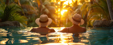 Immerse yourself in tranquility with this breathtaking image As the sun kisses the horizon, casting a golden glow, two individuals bask in a tropical oasis Lush greenery envelops them, offering a sanctuary of serenity The warm light dances across their straw hats, illuminating their faces with contentment In this blissful escape, they find solace and rejuvenation in nature's embrace, creating an unforgettable vacation memory AI Generativeの素材