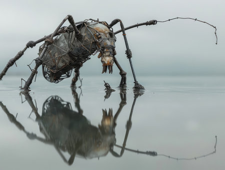 An intricate, glass-like insect sculpture sparkles under a spotlight, its crystalline form reflecting upon a smooth surface The dramatic backdrop intensifies the surreal scene, creating an ethereal and captivating composition This close-up capture reveals the remarkable craftsmanship and beauty of the sculpture, evoking a sense of wonder and fascination AI Generativeの素材