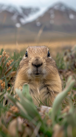 A curious ground squirrel peeks out from the tall grass with a mountain range in the background Its big eyes and fluffy fur make it a charming subject for any nature lover AI Generativeの素材
