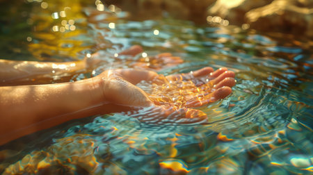 Capture the essence of serene nature with an image of delicate hands cupping pristine stream water The gentle sunlight casts a golden glow, illuminating the untainted waters that symbolize purity and tranquility This photograph evokes a profound connection to the Earth, inviting viewers to experience the soothing embrace of nature&#39;s embrace AI Generativeの素材
