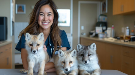 A veterinarian smiles gently amidst the playful antics of three adorable fox kits in a clinic setting This endearing moment embodies the warmth and compassion of wildlife rescue and veterinary medicine, showcasing the bond between humans and animals in need AI Generativeの素材