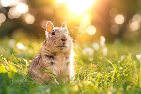 A cute little rabbit sits in a field of grass, looking up at the sun with a curious expression The soft light creates a warm and inviting atmosphere, perfect for spring or Easter themes AI Generativeの素材