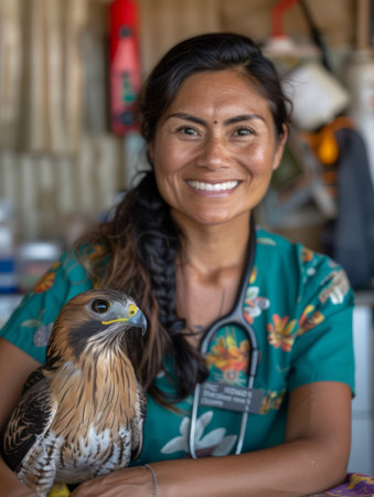 Dedicated veterinarian holds majestic hawk in a caring embrace Witness the compassionate care and expertise of an animal doctor specializing in avian health Discover the heartwarming moments of wildlife rehabilitation and the passion that drives veterinary professionals to nurture our feathered friends AI Generativeの素材