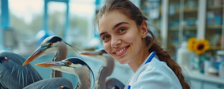 A radiant young veterinarian, radiating compassion and dedication, diligently tends to avian patients in a sunlit clinic The birds, thriving under her expert care, exude vitality, symbolizing her commitment to wildlife conservation and animal well-being AI Generativeの素材
