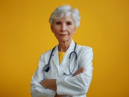 A confident senior female doctor with arms crossed and a stethoscope around her neck She is wearing a white coat and standing against a bright yellow background  This image represents experience, knowledge and expertise in the medical field AI Generativeの素材