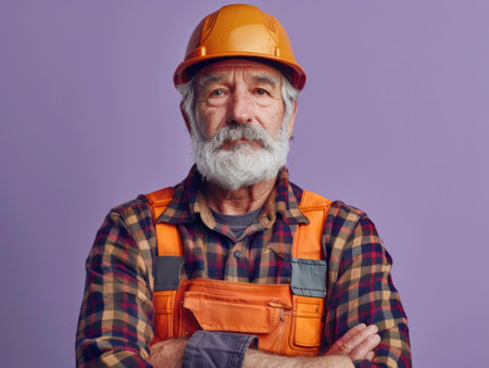 A senior construction worker with a white beard and grey hair wearing a hard hat, plaid shirt, and orange overalls He has a serious expression on his face as he looks directly at the camera This photo is perfect for construction, safety, and labor-related projects AI Generativeの素材