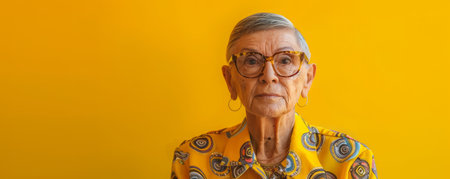 A senior woman with short gray hair and glasses looks directly at the camera, standing against a bright yellow background AI Generativeの素材
