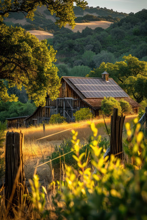 A picturesque rural farmhouse basks in the sun, its roof adorned with solar panels This idyllic scene showcases the integration of sustainable farming practices, harnessing the power of renewable energy for a greener future The lush countryside backdrop emphasizes the harmony between modern technology and the natural world AI Generativeの素材