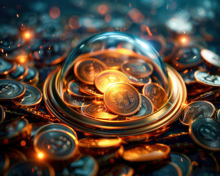 A gilded frame showcases a collection of ancient coins, evoking historical opulence and the enduring power of wealth The image captures the timeless essence of luxury, history, and the enduring value of currency AI Generativeの素材