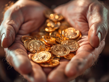 A daring adventurer stumbles upon a hidden cave filled with ancient gold coins  The treasure trove reveals a glimpse into history, with each coin whispering tales of forgotten empires and lost fortunes  The discovery sparks a thrill of adventure and a sense of awe at the enduring power of time AI Generativeの素材