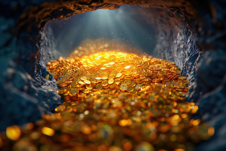 A breathtaking glimpse into the legend of lost treasure! A dragon&#39;s lair overflowing with shimmering gold coins, mythical riches, and enchanting wealth Explore the glittering heart of a mythical hoard, where legends come alive AI Generativeの素材