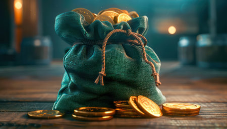 A plush, velvety pouch bursts with an opulent collection of rare coins, each a testament to wealth and prosperity The rich textures and gleaming gold symbolize financial success, abundance, and the fulfillment of dreams This image embodies the allure of accumulated fortune and the power of investment AI Generativeの素材