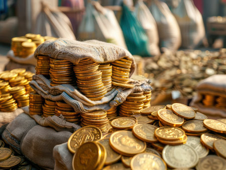A bustling port city marketplace overflows with vibrant color and energy Merchants trade exotic coins, showcasing the region's maritime wealth Piles of golden coins symbolize the city's thriving economy, attracting traders and adventurers from across the globe AI Generativeの素材