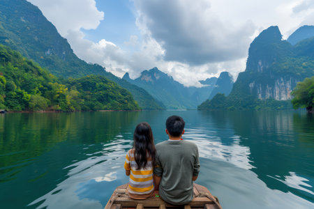 A serene couple glides through breathtaking mountain landscapes on a peaceful water journey Immerse yourself in the tranquility of their voyage and discover the beauty of cultural experiences along the way This captivating photo captures the essence of a tranquil escape amidst stunning scenery AI Generativeの素材