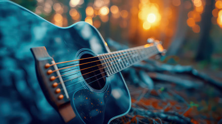 A serene sunset bathes a forest in golden hues, a blue acoustic guitar resting amidst the tranquil scene This captivating image embodies the essence of nature and music, capturing a &quot;Rockstar Unplugged&quot; moment of pure tranquility The guitar, a symbol of artistic expression, finds solace in the heart of the AI Generativeの素材