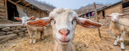 A charming goat kid basks in the sun, surrounded by rustic farm buildings and bales of hay This idyllic countryside scene captures the tranquility of country life, with peaceful vegetable gardens, playful farm animals, and a sense of serenity The adorable goat kid, posing for the camera, adds a touch AI Generativeの素材