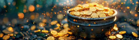 A weathered ancient urn overflows with shimmering golden coins, a tangible symbol of historical wealth and prosperity This captivating image evokes the allure of ancient treasures, the enduring power of gold, and the timeless pursuit of riches AI Generativeの素材