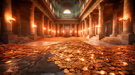 Unearth the secrets of ancient Roman wealth! A mesmerizing image of a vault overflowing with gold coins and shimmering jewels, offering a glimpse into the opulence and power of the Roman Empire Discover the history behind these treasures, and witness the legacy of Roman civilization AI Generativeの素材