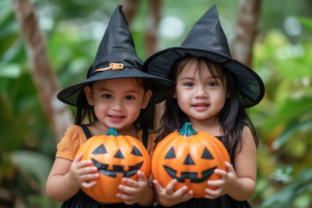Adorable little witches in enchanting costumes gather for a magical Halloween adventure Pumpkins, candy, and spooky fun fill their trick-or-treating journey as they embrace the spirit of this enchanting holiday These precious children embody the joy and wonder of Halloween, making memories that will last a lifetime AI Generativeの素材