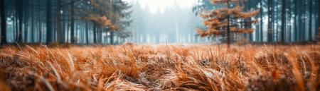 A breathtaking autumn forest scene unfolds, shrouded in a mystical fog Golden leaves adorn the trees, while sunlight filters through, illuminating the vibrant hues A carpet of golden grass covers the forest floor, adding a touch of warmth to the tranquil atmosphere This captivating vista captures the essence of fall's AI Generativeの素材